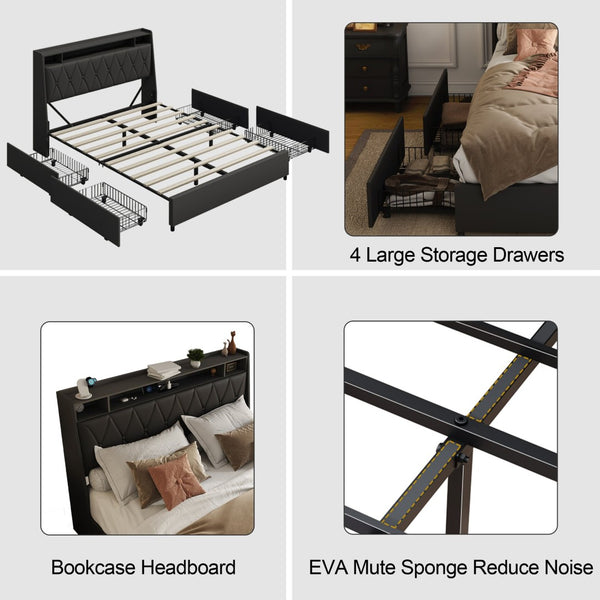 English Elm Queen Metal Platform Bed with Ergonomic Headboard Built-in Outlets and Storage Shelf W3107S00004