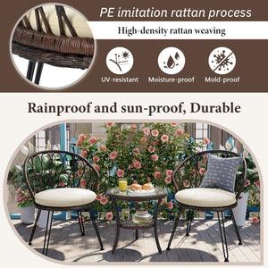 English Elm U_STYLE 2-Piece Rattan Patio Bistro Set with Tempered Glass Table and Plush Polyester Cushions for Outdoor Comfort Beige+Brown N711P256422K