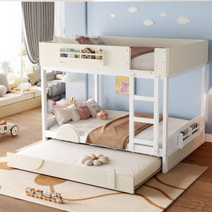 English Elm Queen Bunk Bed with Trundle Solid Pine Kids Car Themed Frame Built-in Bookshelf Beige+White W1580S00446