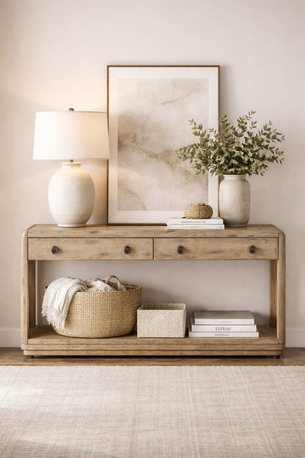 English Elm English Knotty Oak Veneer Console Table with Drawers Open Shelf Entryway Accent B2699P443196