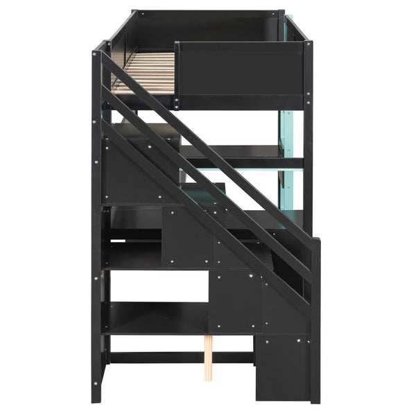 English Elm Full Size Gaming Loft Bed with Led Lighting Desk Shelves and Usb Charging Ports N820S00070C