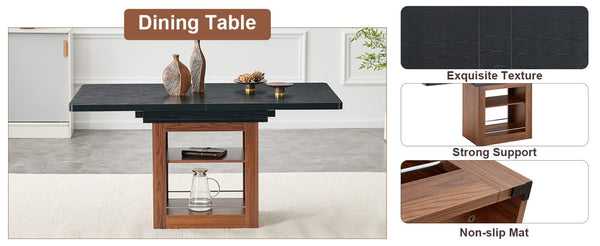 English Elm Scalable Extendable Dining Set Four Chairs Linen Upholstered Walnut Base Modern Walnut+Black W1151S04699