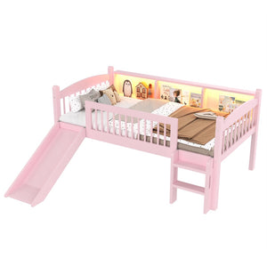 English Elm Twin Xl Solid Pine Loft Bed with Built-in Led Lighting and Storage Shelves Pink W1580S00365