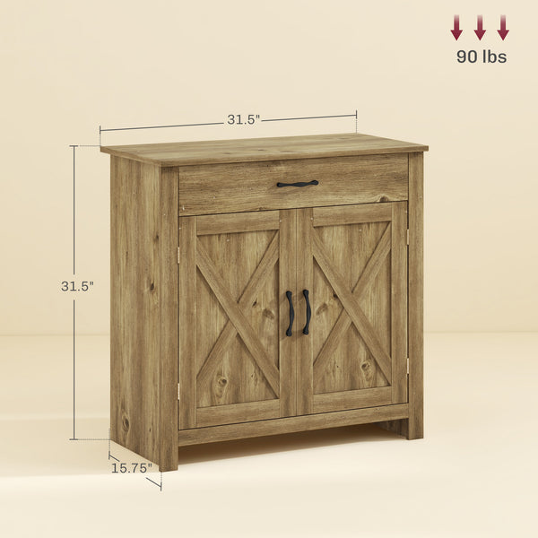 English Elm HOMCOM Rustic Farmhouse Sideboard Buffet Cabinet with Barn Doors, Drawer & Adjustable Shelves for Entryway Natural Wood W2225P229125