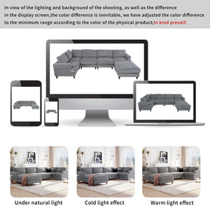 English Elm U_Style Modular Sectional Sofa with Ottoman — Spacious 5-6 Seater L-Shaped Corner Sofa, Plywood Frame, Durable Polyester Upholstery Gray WY000421AAE