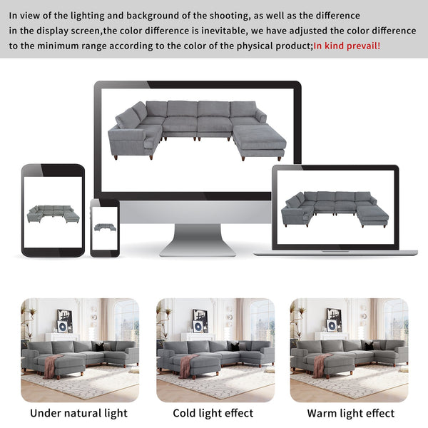 English Elm U_Style Modular Sectional Sofa with Ottoman — Spacious 5-6 Seater L-Shaped Corner Sofa, Plywood Frame, Durable Polyester Upholstery Gray WY000421AAE