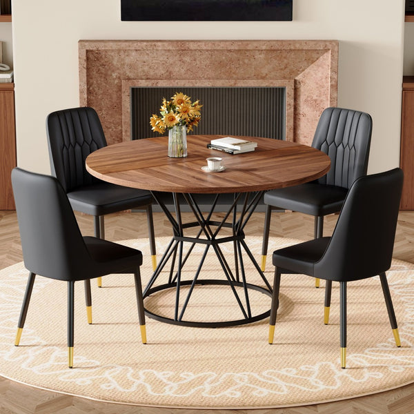 English Elm Table and Chair Set Round Walnut Mdf Top Hourglass Base with Four Pu Leather Seats Walnut+Black W1151S04837
