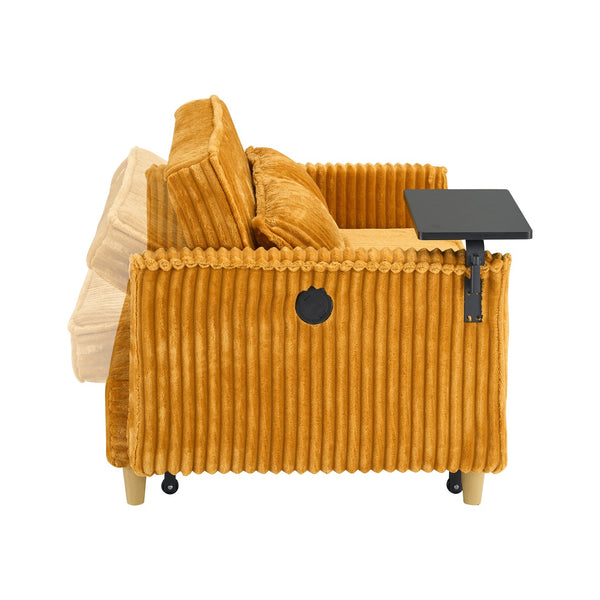 English Elm The pull-out and push-in corduroy sofa with convertible bed, movable tabletop and built-in USB ports Yellow W3371P316059