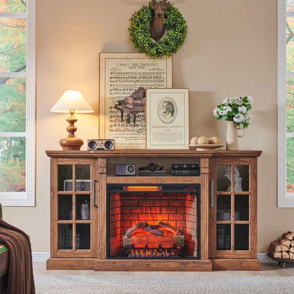 English Elm 65" Fireplace Tv Stand with Led Glass Cabinets and Electric Flame for Rooms up to 400 Sq Ft W1769S00014
