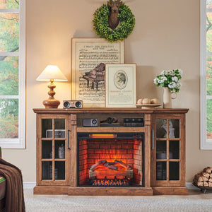 English Elm 65" Fireplace Tv Stand with Led Glass Cabinets and Electric Flame for Rooms up to 400 Sq Ft W1769S00014