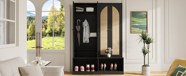 English Elm [Assembly Video] Farmhouse Widen Hall Tree with Rattan Doors, 4-in-1 Bench with 6 Hooks, Shoe Storage and Adjustable Shelves for Entryway (55.1") Black N721P297555B