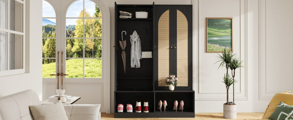 English Elm Rattan Door Hall Tree Bench with 6 Hooks Farmhouse Entryway Storage N721S000074B