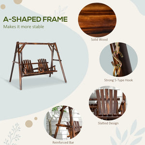 English Elm Wooden Fir Log A-frame Porch Swing Freestanding 2 Seat with Built-in Center Table T3971S00230