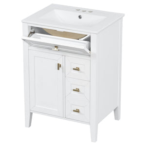English Elm "24'' 24 Inch Glossy Freestanding Bathroom Vanity with Gold Hardware and Soft Close Storage White Rubberwood N725P448529K
