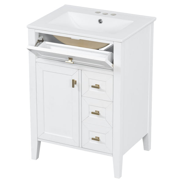 English Elm "24'' 24 Inch Glossy Freestanding Bathroom Vanity with Gold Hardware and Soft Close Storage White Rubberwood N725P448529K