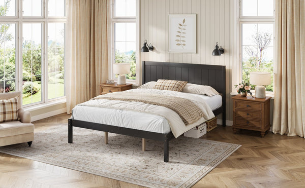 English Elm Platform King Bed Solid Pine Panel Headboard Wood Slat Base Modern Bedroom Frame Espresso N709P425341P