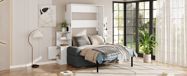 English Elm Full Size Murphy Bed System with Integrated Sofa and Storage Towers for Guest Rooms White+Gray LP000380AAE