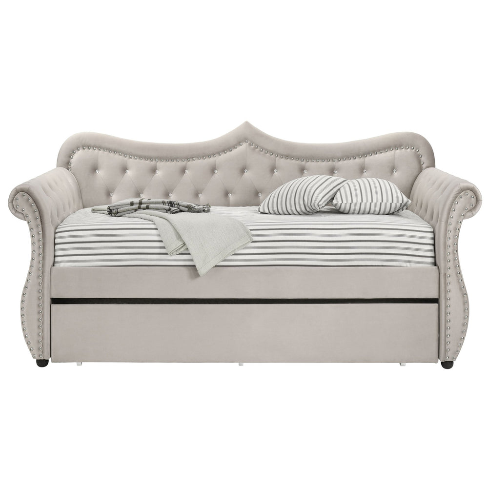 English Elm Beige Twin Daybed with Trundle, 28-Slat Sturdy Support, Rubberwood Frame, Cozy Beige Upholstery B062S00455