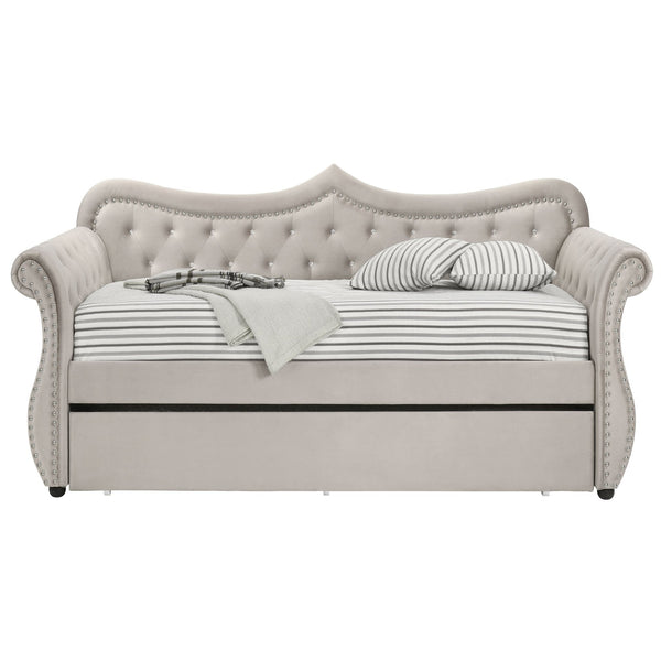 English Elm Beige Twin Daybed with Trundle, 28-Slat Sturdy Support, Rubberwood Frame, Cozy Beige Upholstery B062S00455