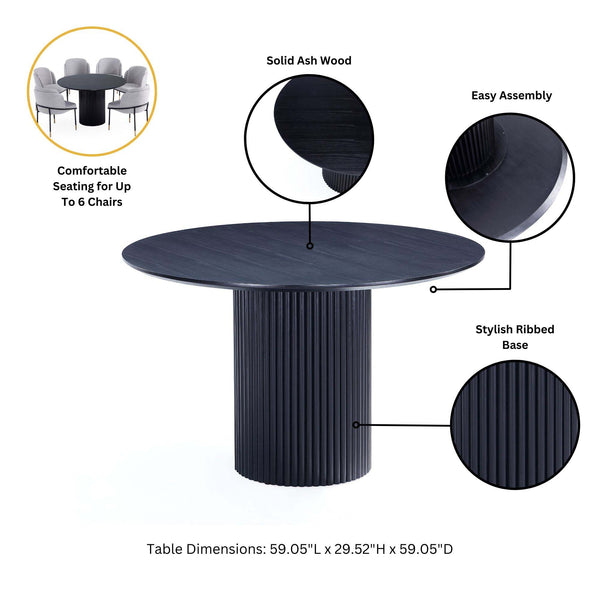 English Elm Hathaway 59" Round Dining Table - Stylish Black Wood Centerpiece With Ribbed Base For Modern Homes B365S00096