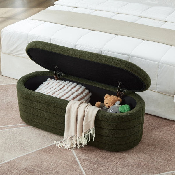 English Elm Modern Boucle Upholstered Oval Bench with Hinged Lid Storage for Bedroom Entryway Dark Green W2186P193118
