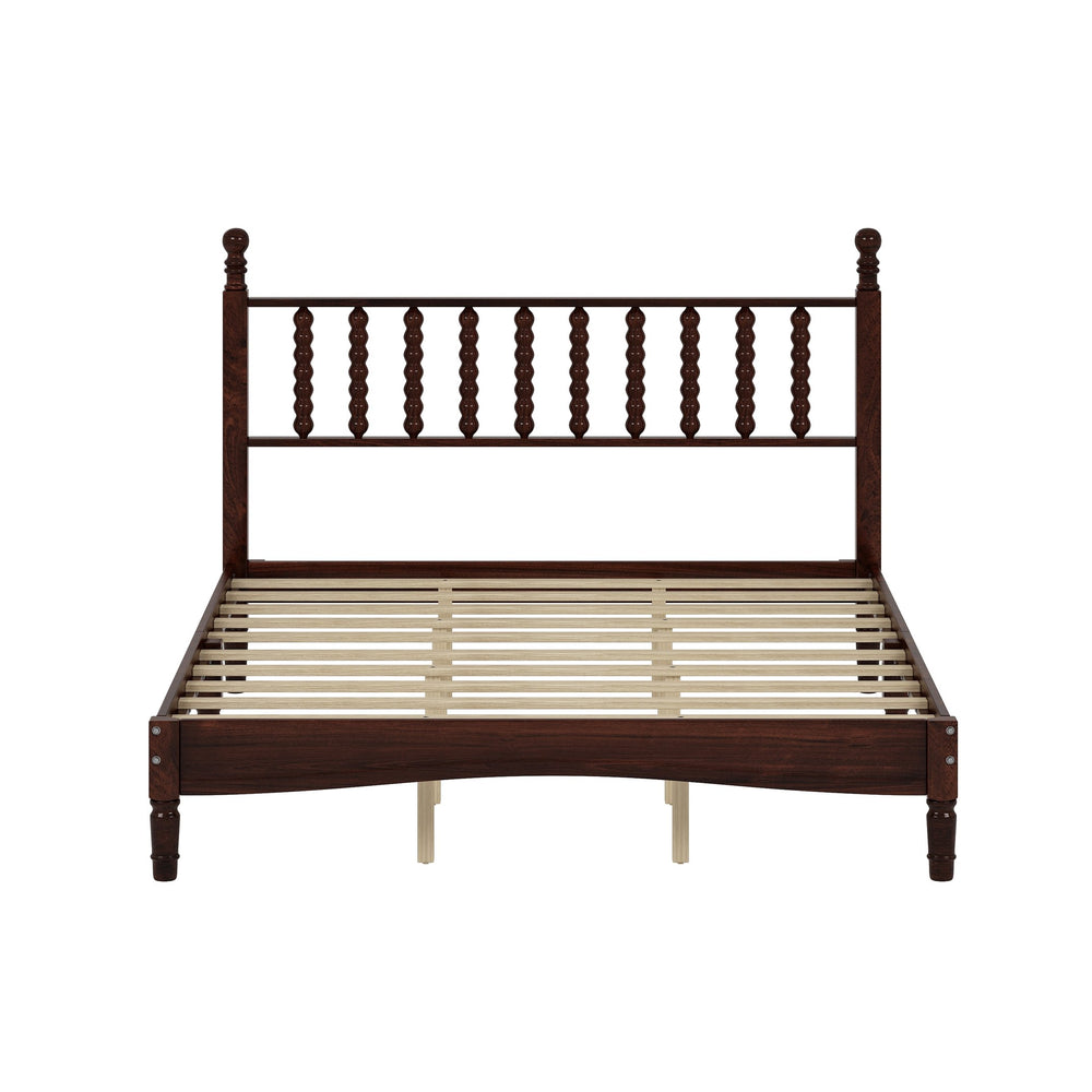 English Elm Queen Wood Platform Bed with Gourd-Shaped Headboard, Retro-Inspired Solid Frame, Slat Support, Sturdy Elegance Walnut 64.8 L x 17.5 W x 9.5 H N733P206242D