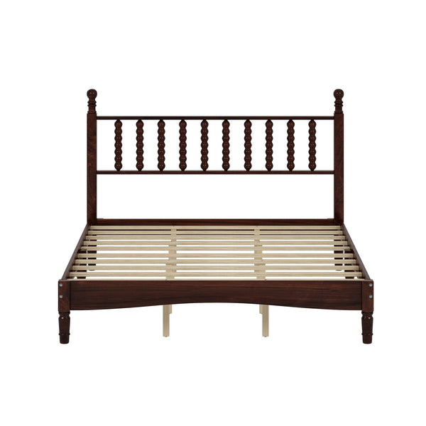 English Elm Queen Wood Platform Bed with Gourd-Shaped Headboard, Retro-Inspired Solid Frame, Slat Support, Sturdy Elegance Walnut 64.8 L x 17.5 W x 9.5 H N733P206242D