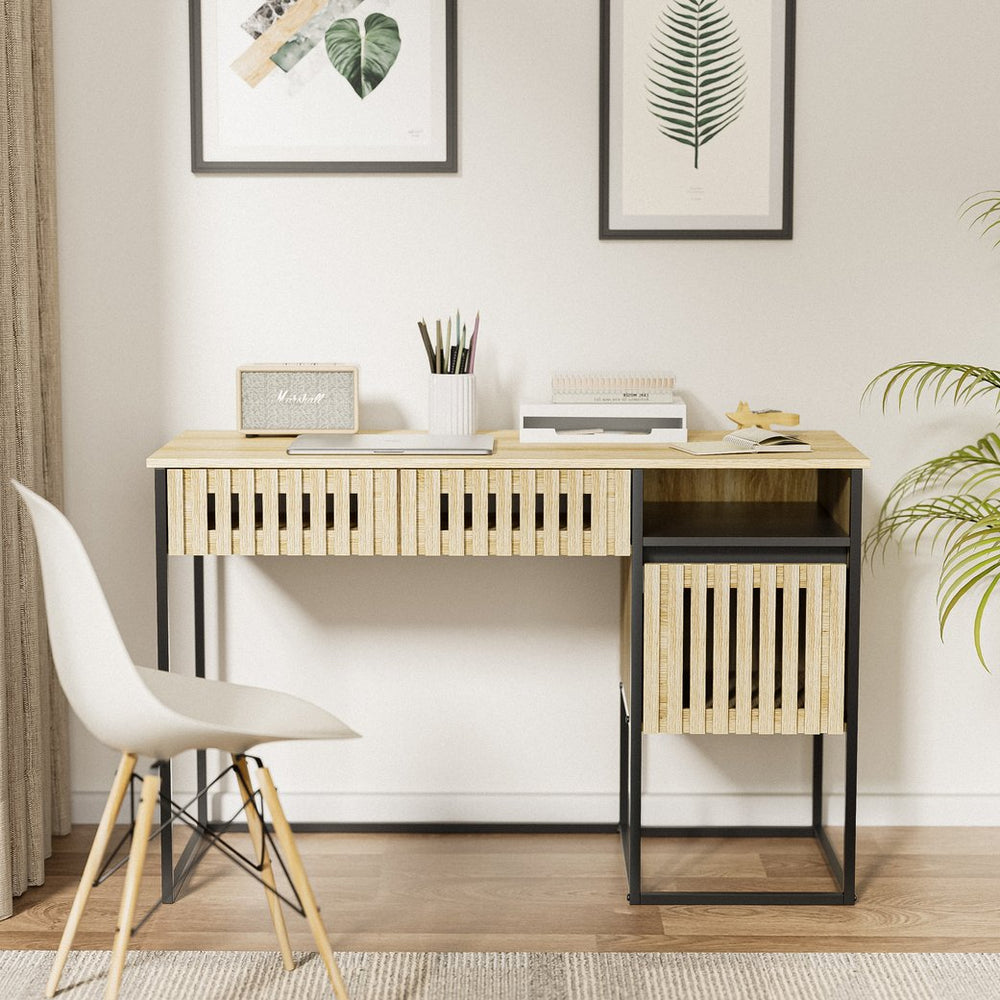 English Elm Fluted,Desk,Computer sleek natural+black slatted storage desk with 2 drawers & cabinet, MDF metal frame, versatile modern workspace solution W2673P209539