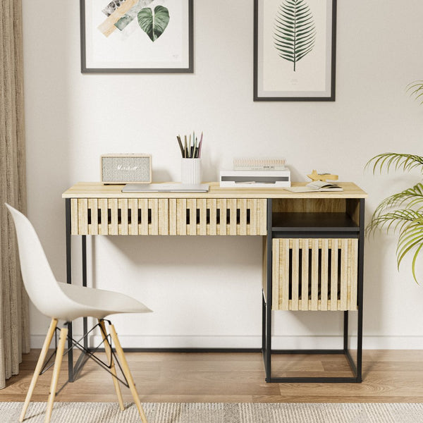 English Elm Fluted,Desk,Computer sleek natural+black slatted storage desk with 2 drawers & cabinet, MDF metal frame, versatile modern workspace solution W2673P209539