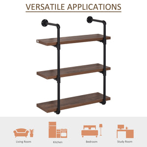 English Elm HOMCOM Industrial 3-Tier Pipe Wall Shelf – Rustic Brown Floating Bookshelf, Metal Frame Display Rack W2225P229632
