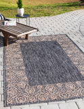 Unique Loom Outdoor Border Floral Border Machine Made Floral Rug Charcoal Gray, Beige/Gray 8' 0" x 11' 4"