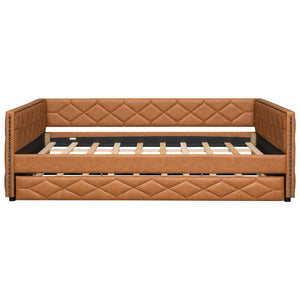 English Elm Full XL Upholstered Daybed with Trundle and Built-In LED Lighting, Tufted Arms, Solid Wood Frame Brown N7090000611D