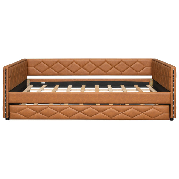 English Elm Full XL Upholstered Daybed with Trundle and Built-In LED Lighting, Tufted Arms, Solid Wood Frame Brown N7090000611D