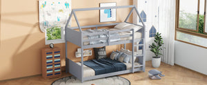 English Elm Twin Over Twin House Floor Bunk Bed With Safety Guardrails, Ladder & Playful Grey Design For Kids W504P314948-GIGA
