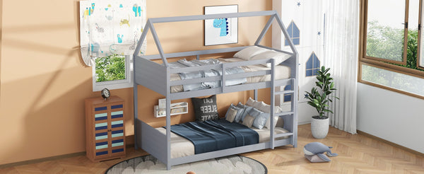 English Elm Twin Over Twin House Floor Bunk Bed With Safety Guardrails, Ladder & Playful Grey Design For Kids W504P314948-GIGA