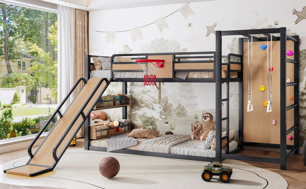 English Elm Twin Metal Loft Bed with Slide Basketball Hoop Climbing Wall and Built-in Shelves W1580S00631