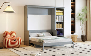 English Elm Full Murphy Bed with Storage Cabinets and Shelves, Space-Saving Wooden Wall Bed with 600lb Capacity Gray N7090004015E