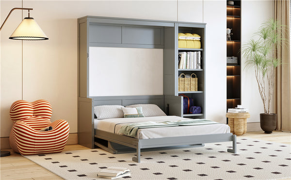 English Elm Full Murphy Bed with Storage Cabinets and Shelves, Space-Saving Wooden Wall Bed with 600lb Capacity Gray N7090004015E
