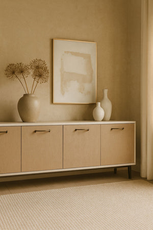 English Elm 80" Console Vanilla White Two-Tone Solid Wood & MDF TV Stand with Soft-Close Doors, Adjustable Shelves and Textured Grain Design B2699P373667