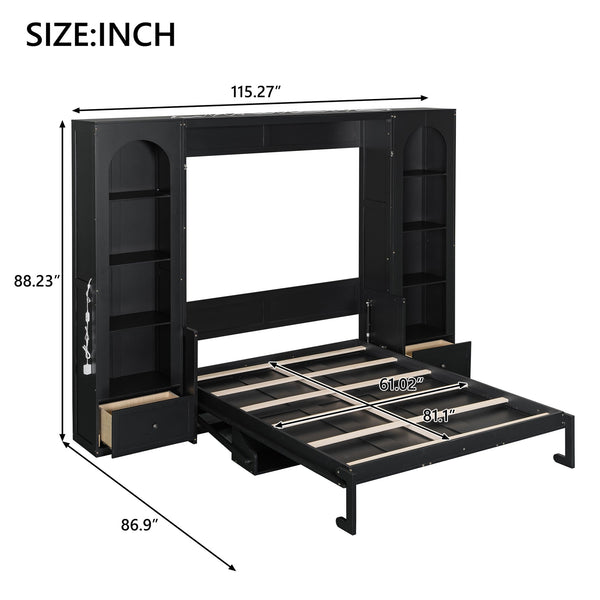 English Elm Queen Murphy Platform Bed with Foldaway Cabinet, Built-In LED, Side Cabinets & Drawers for Small Spaces Black N7090002226B