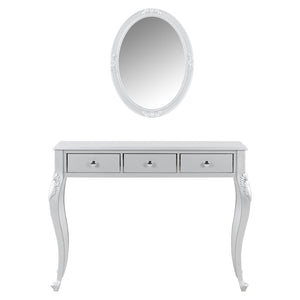 English Elm Luxury Makeup Vanity Desk with Oval Mirror and Engraved Floral Frame, Velvet Jewelry Tray, Durable Drawers and Elegant Console for Bedroom & Living Room Decor Silver N844P292481S