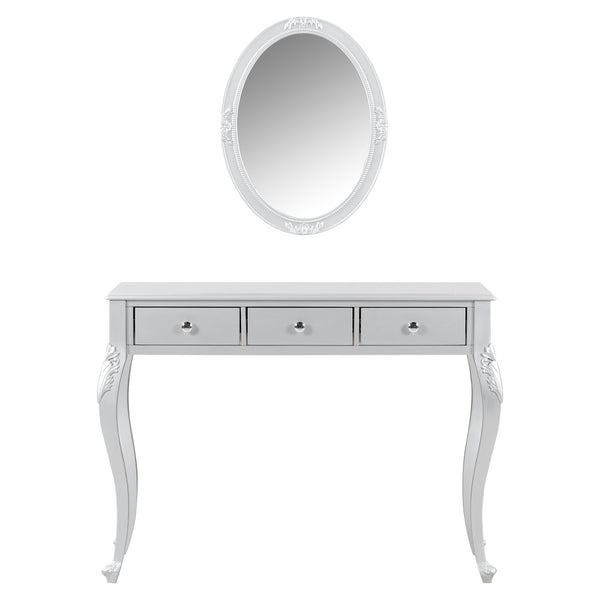 English Elm Luxury Makeup Vanity Desk with Oval Mirror and Engraved Floral Frame, Velvet Jewelry Tray, Durable Drawers and Elegant Console for Bedroom & Living Room Decor Silver N844P292481S