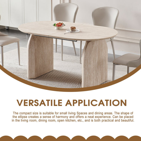 English Elm Wood Extendable Dining Table - Modern Oval MDF Top with Dual Pillar Legs, Space-Saving, Durable Versatile Gatherings and Home Office Use W3590S00002