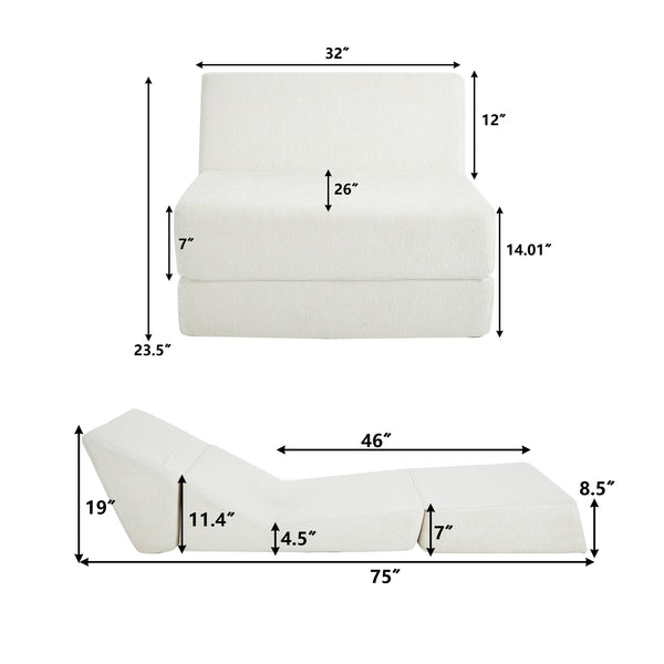 English Elm Heng single velvet sofa bed (White) – chenille comfort, thick cushion, non-slip bottom, compact storage W212P209397