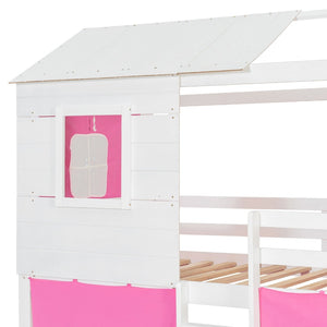English Elm Twin Treehouse Bunk Bed Solid Pine Playhouse Frame with Cozy Canvas Tent Hideaway LT000379AAH-1