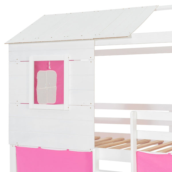 English Elm Twin Treehouse Bunk Bed Solid Pine Playhouse Frame with Cozy Canvas Tent Hideaway LT000379AAH-1