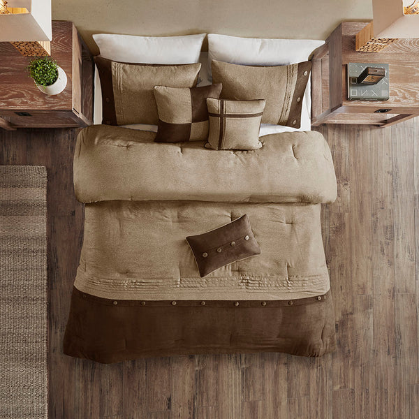 JLA Home Madison Park - 7 Faux Suede Comforter Set Evokes Rustic Lodge Warmth with Textured Earthy Prints, Plush Trim, Pillows 90 L x 90 W x 1.5H MP10-904