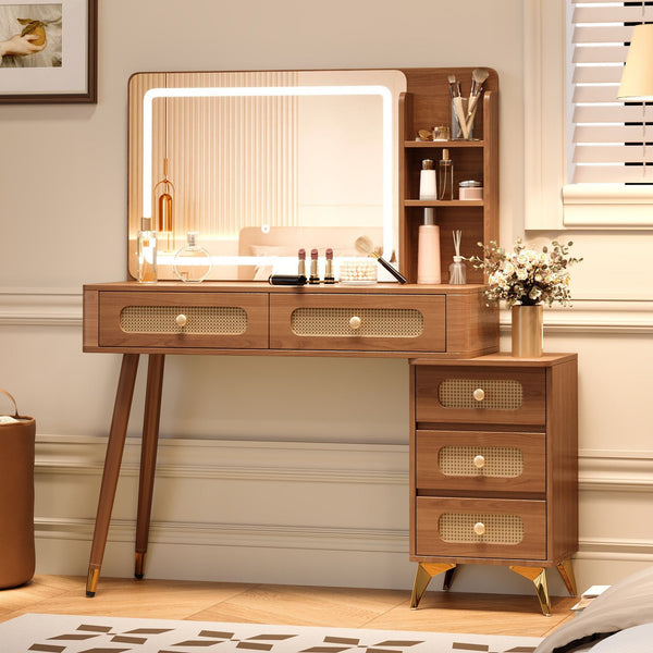 English Elm 47''Vintage Elegant Makeup Vanity with Lights and Mirror, 5-Drawer Rattan Design, Solid Wood Craftsmanship Walnut 46 L x 27 W x 8 H N733P337468M
