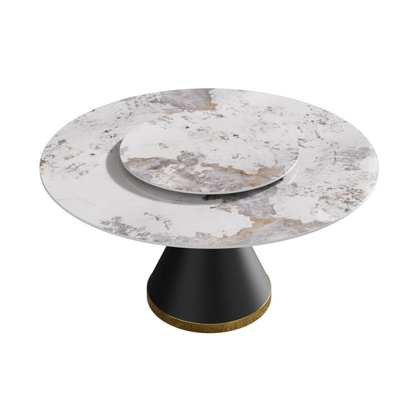 English Elm 59.05"Modern 59.05" Modern Round Dining Table With White Sintered Stone Top & Black Steel Base - Seats 6-8! W1535S00439