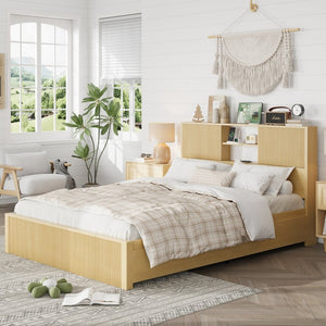 English Elm Queen Storage Bed Oak Finish Sliding Barn Door Headboard with Built-in Charging T3773P417190